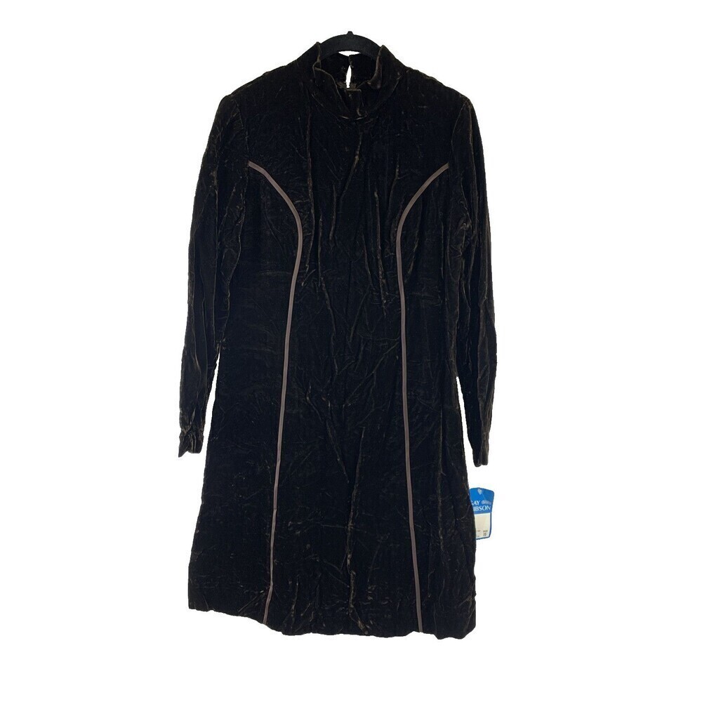 Gay Gibson Dress Rayon Crushed Velvet Brown High Collar‎ Long Sleeves Size 15